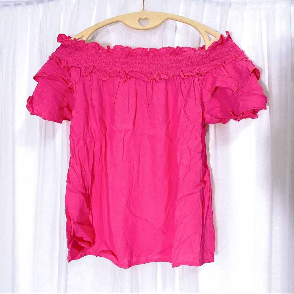 Ruffle Off Shoulder Blouse Hot Pink Small - Picture 5 of 6